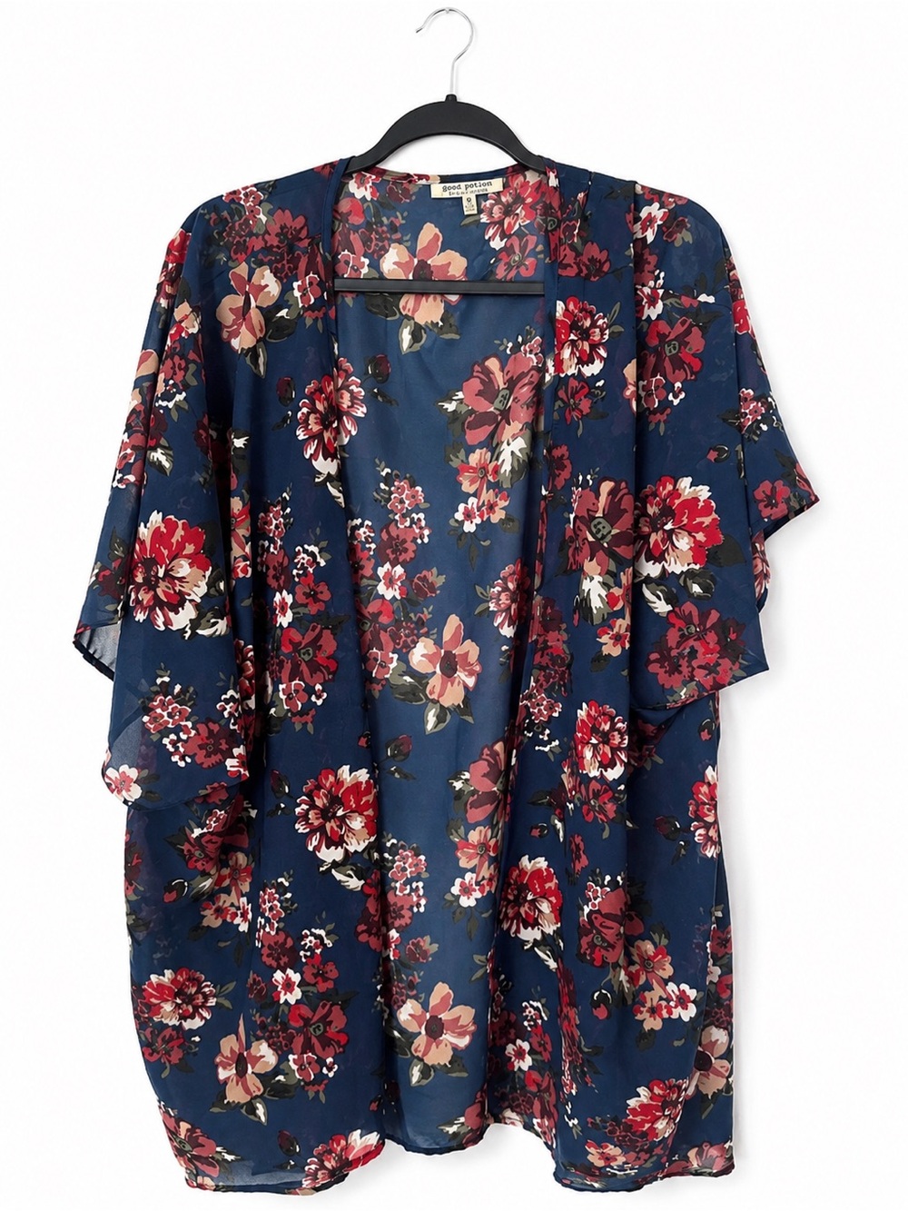 Speed Control Navy Red Floral Kimono Cardigan Plus Boho Open Front Duster 1X